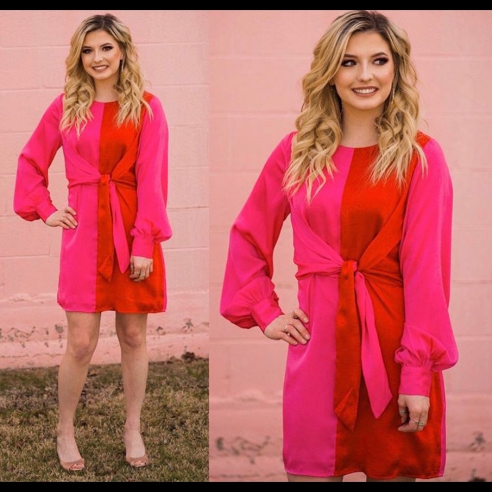 COLOR BLOCK RES AND PINK DRESS W TIE FRONT